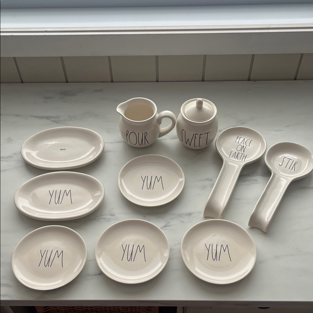 Rae Dunn Cream Dish Set with Black Text